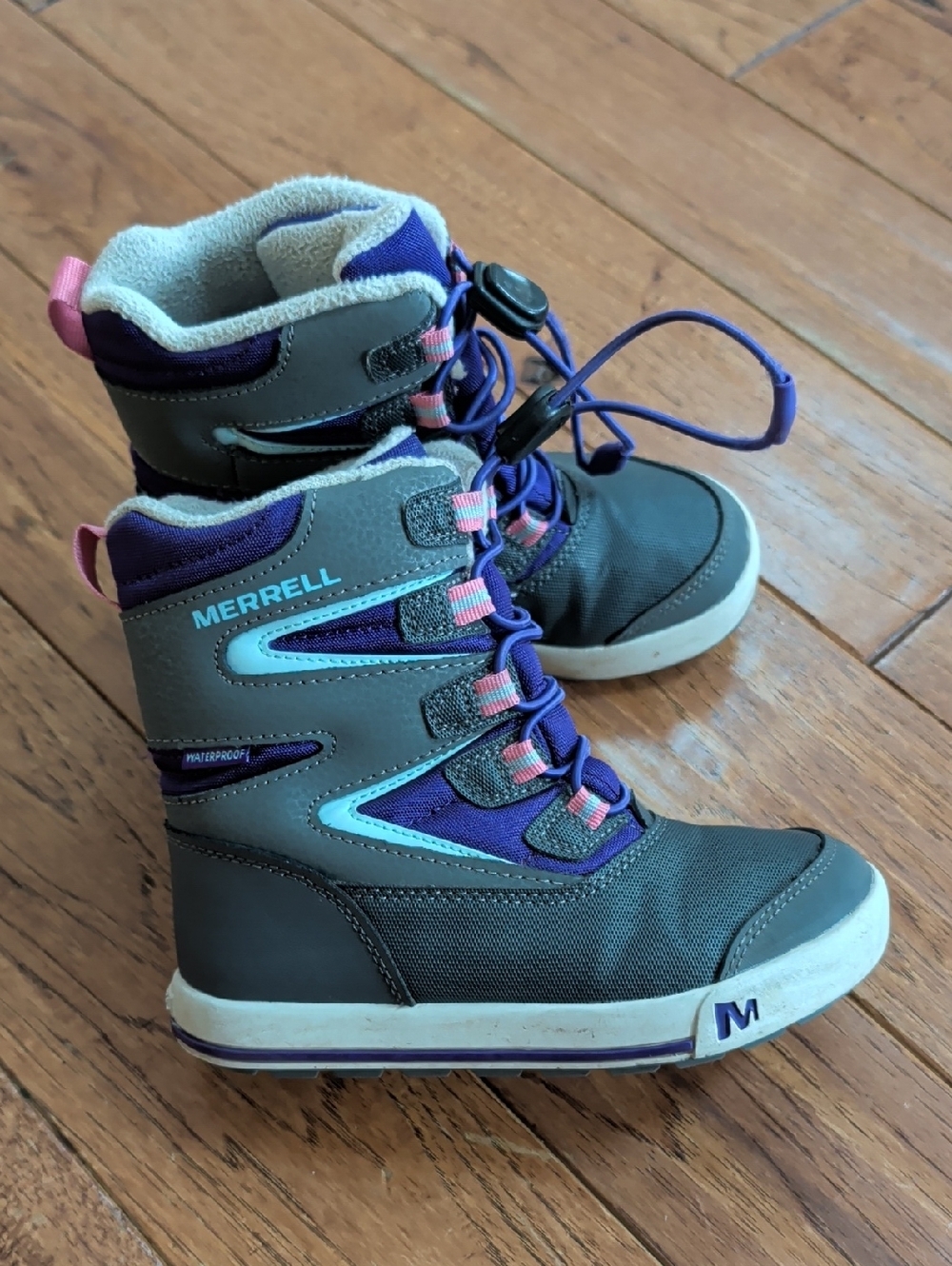 Merrell Snow Bank Kids' Waterproof Gray & Purple Winter Boots